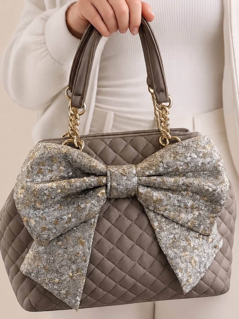 Betsey Johnson sequined handbag, hobo. purse, oyster beige, lined, large size